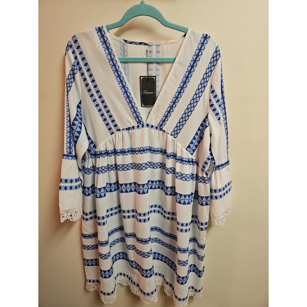 Tracies Blue & White Stripe Boho Cotton Dress Deep V Neck Embroidered‎ SZ XL